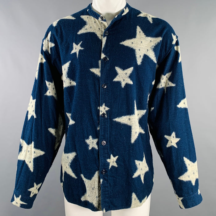 KAPITAL Size L Indigo White Stars Cotton Nehru Collar Long Sleeve Shirt