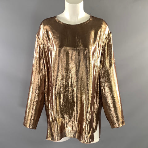 LANVIN SS2014 Size M Copper Silk & Polyester Metallic Long Sleeve Dress Top