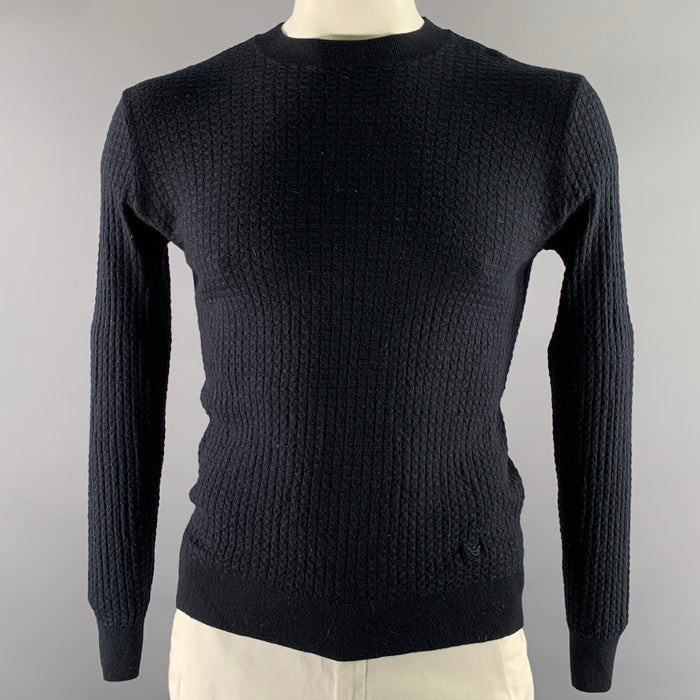 EMPORIO ARMANI Size XL Black Waffle Knit Wool Blend Crew-Neck Pullover
