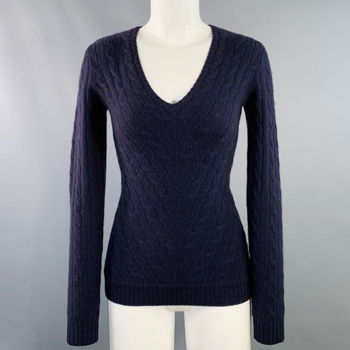 RALPH LAUREN Size S Navy Cashmere Cable Knit Slim Fit V-Neck Sweater