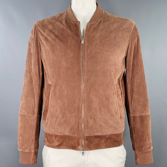 BRUNELLO CUCINELLI Size L Brown Perforated Suede Bomber Jacket