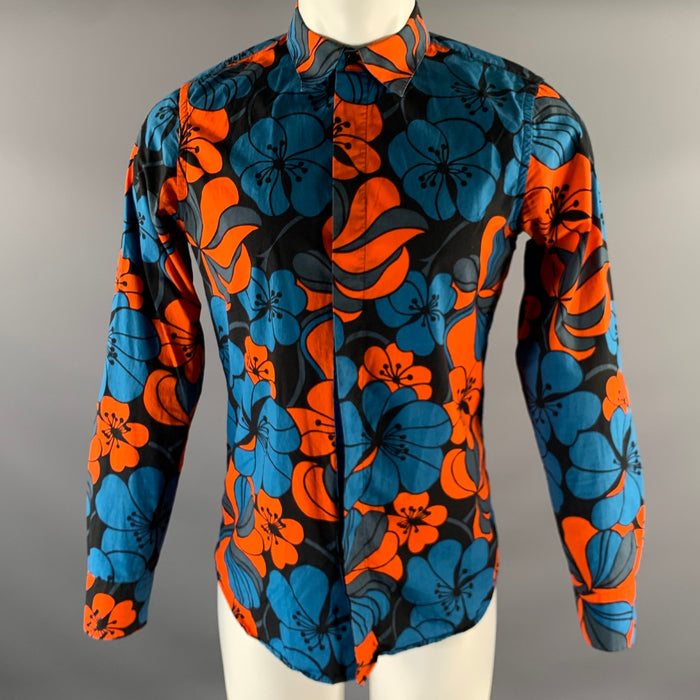 MARNI Size S Blue Black Orange Floral Cotton Pointed Collar Long Sleeve Shirt