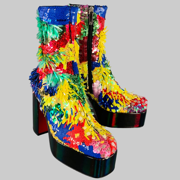 CHRISTIAN LOUBOUTIN SS23 Size 10 Stage O Rioca Multi Color Sequined Leather Platform Boots