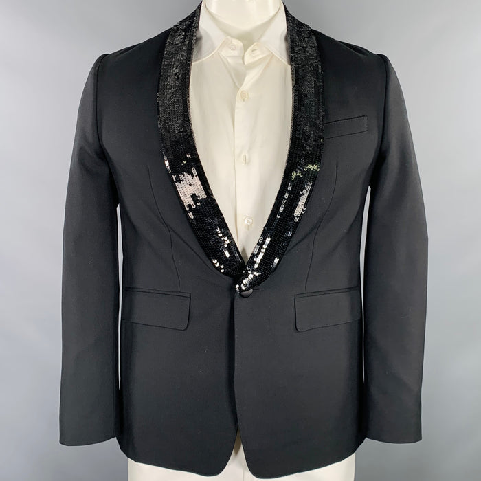 CELINE Size 40 Black Sequined Wool Mohair Shawl Collar Sport Coat