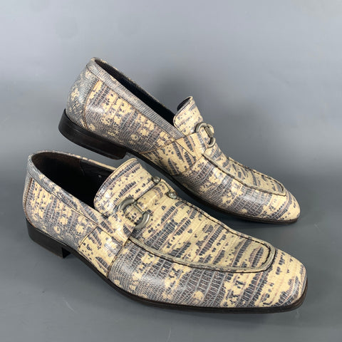 DONALD J PLINER Size 9.5 Grey Beige Snake print Leather Horsebit Loafers