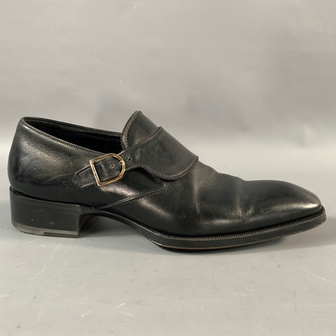 TOM FORD FW2020 Size 8 Black Gold J0107 T Leather Monk Strap Loafers