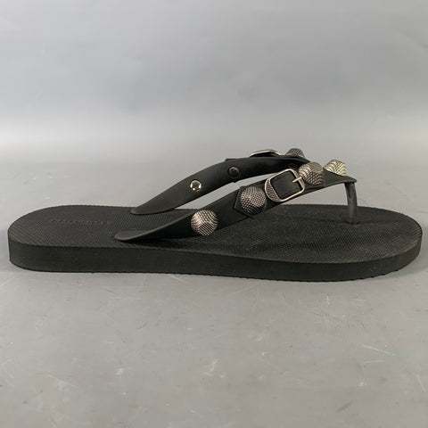 BALENCIAGA Size 11 Black Silver Studded Flip flops Sandals