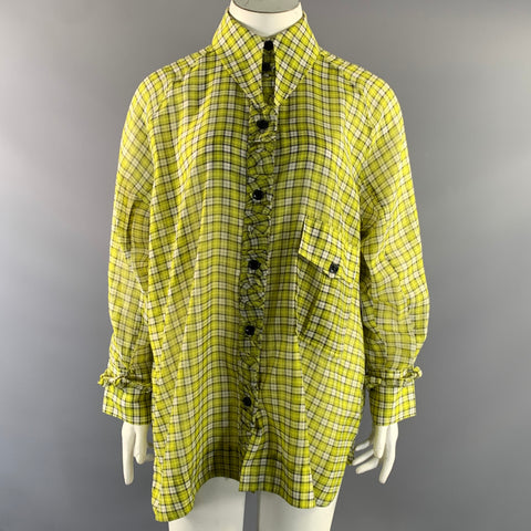GANNI Size L Yellow White & Black Plaid Button Up Blouse