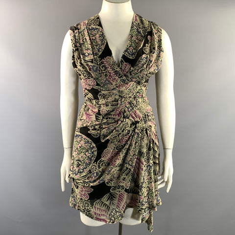 IRO Size 10 Black Beige Silk Abstract Draped Knee Length Cocktail Dress