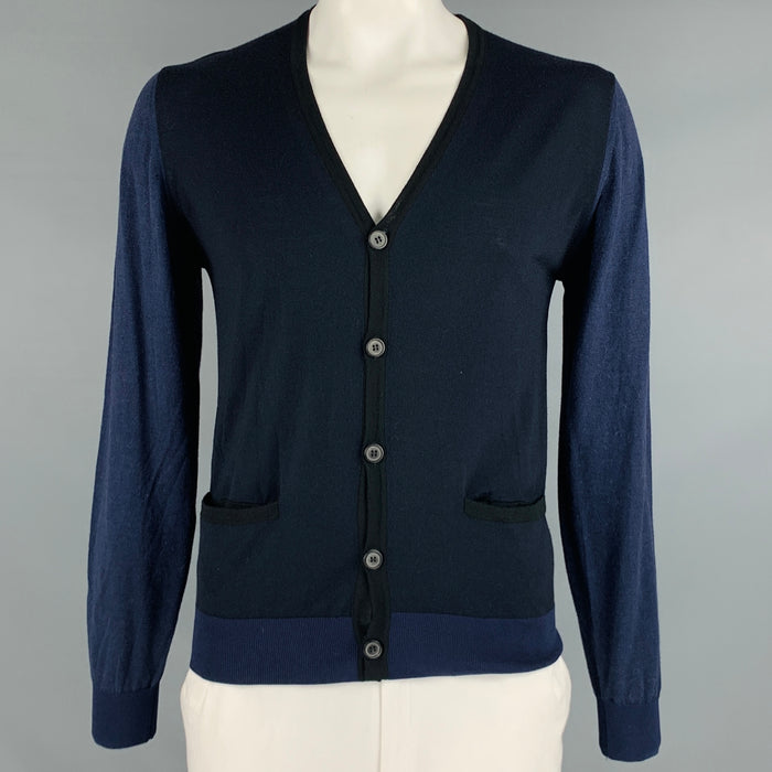 LANVIN Size L Black Purple Color Block Wool V-Neck Cardigan