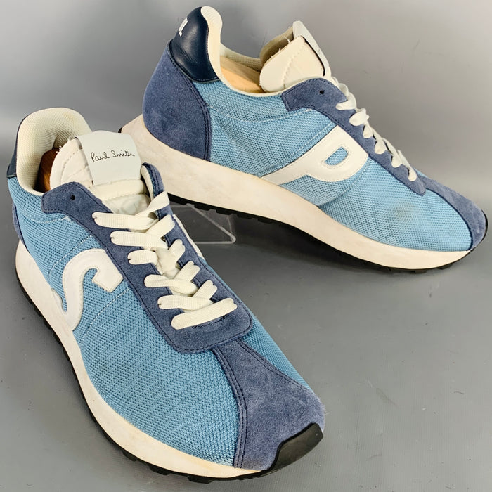 PAUL SMITH Size 11 Blue White Color Block Suede Mesh Lace-Up Sneakers