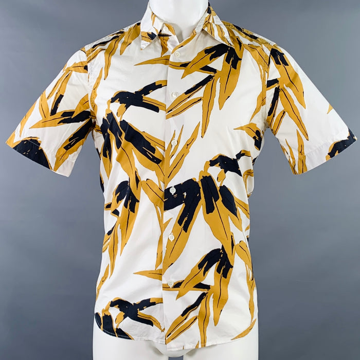 MARNI Size XS White Khaki Black Leaves Cotton Button Up Short Sleeve Shirt