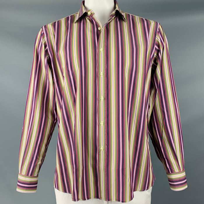ETRO Size XL Purple Green Stripe Cotton Button Up Long Sleeve Shirt