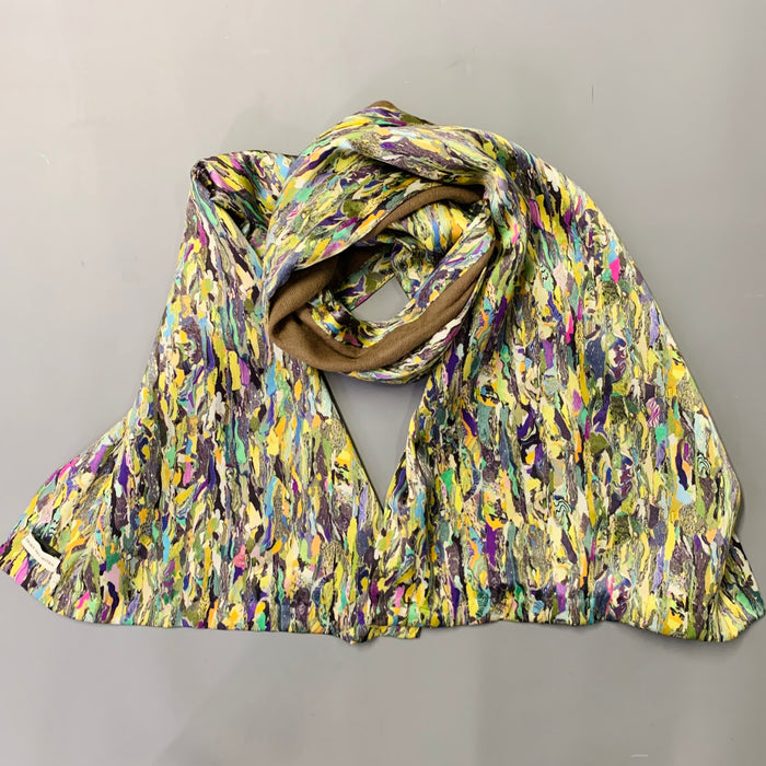 DRIES VAN NOTEN Green Beige Multi Color Beaded Silk Wool Scarf Shawl