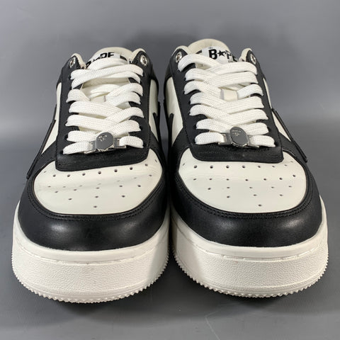 BAPE Size 10 White Black Stars Leather Low Top Sneakers