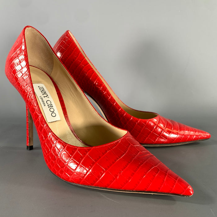 JIMMY CHOO Size 9 Red Leather J000126329395 Croc Embossed Embossed Pumps