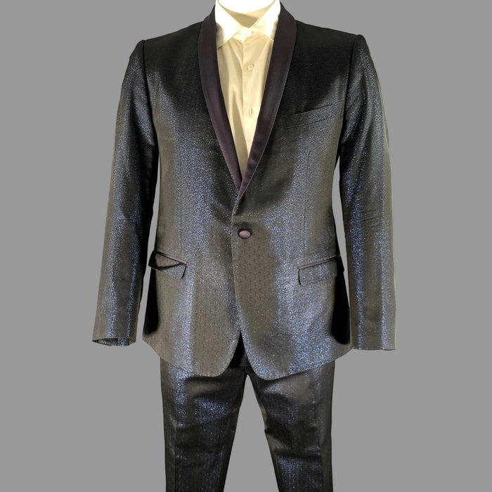 DOLCE & GABBANA Size 44 Navy Black Shimmer Jacquard Acetate Blend Shawl Lapel Tuxedo