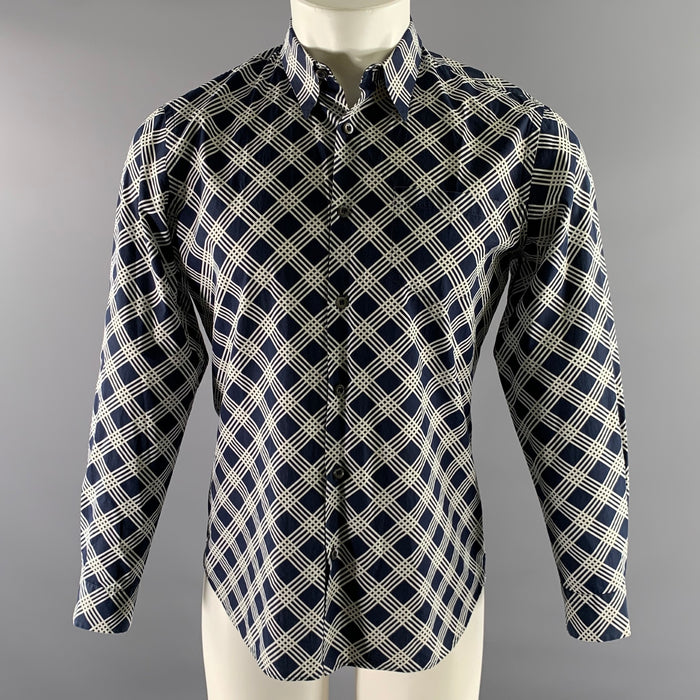 PRADA Size S Navy White Geometric Pointed Collar Long Sleeve Shirt