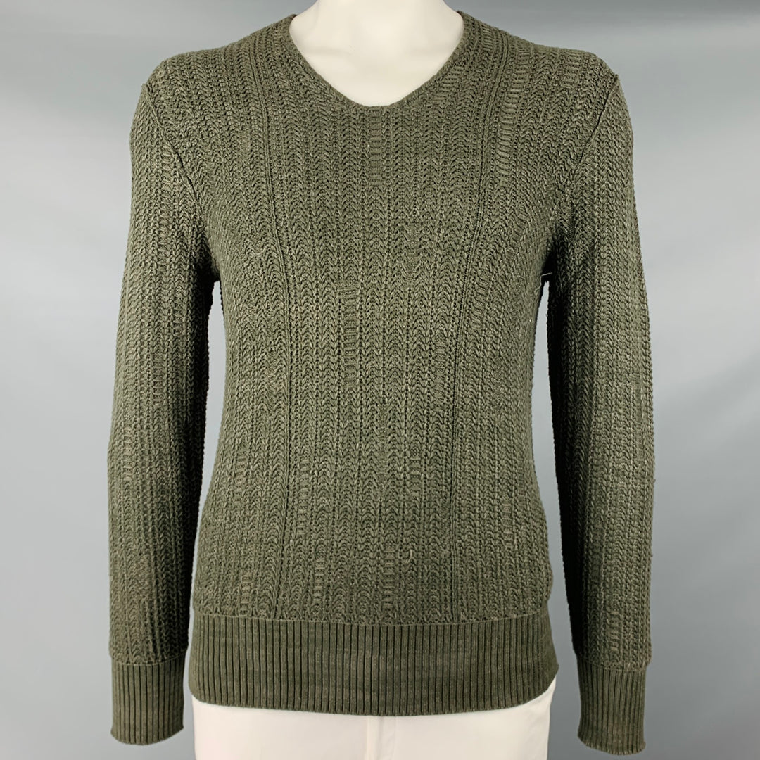 JOHN VARVATOS Size L Green Knit Cotton Silk V-Neck Sweater