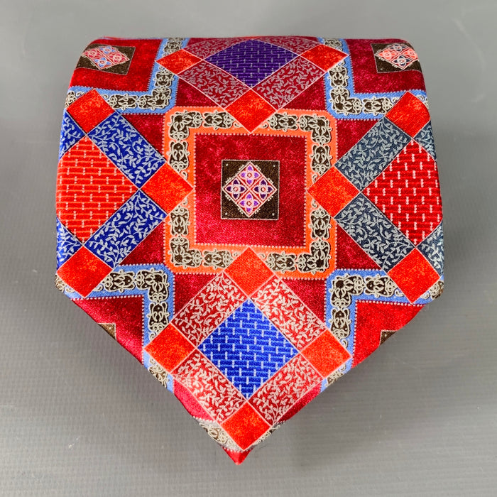 ERMENEGILDO ZEGNA Red Blue Squares Silk Satin Tie