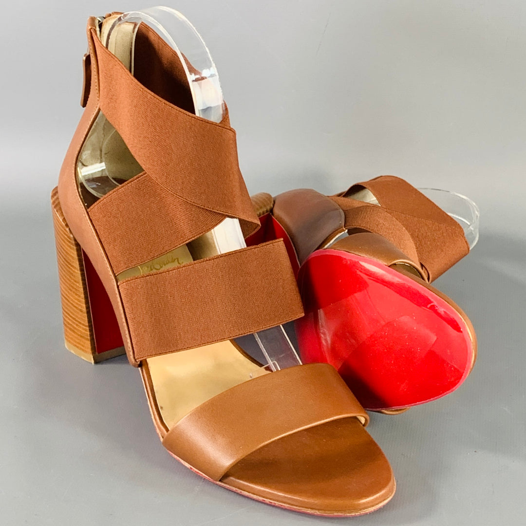 CHRISTIAN LOUBOUTIN Size 9.5 Patrouille Brown Leather Elastic Straps Block Heel Sandals