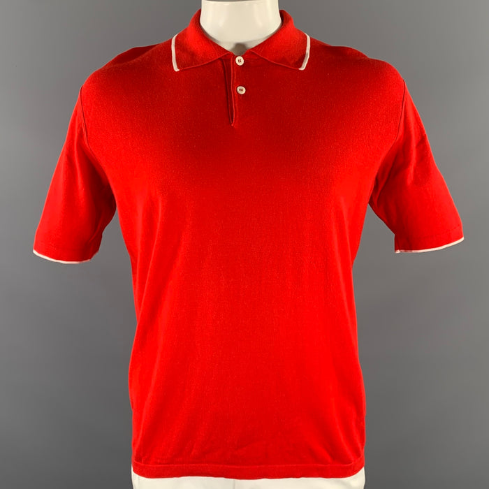 BRIONI Size L Red White Tipped Knit Cotton Polo