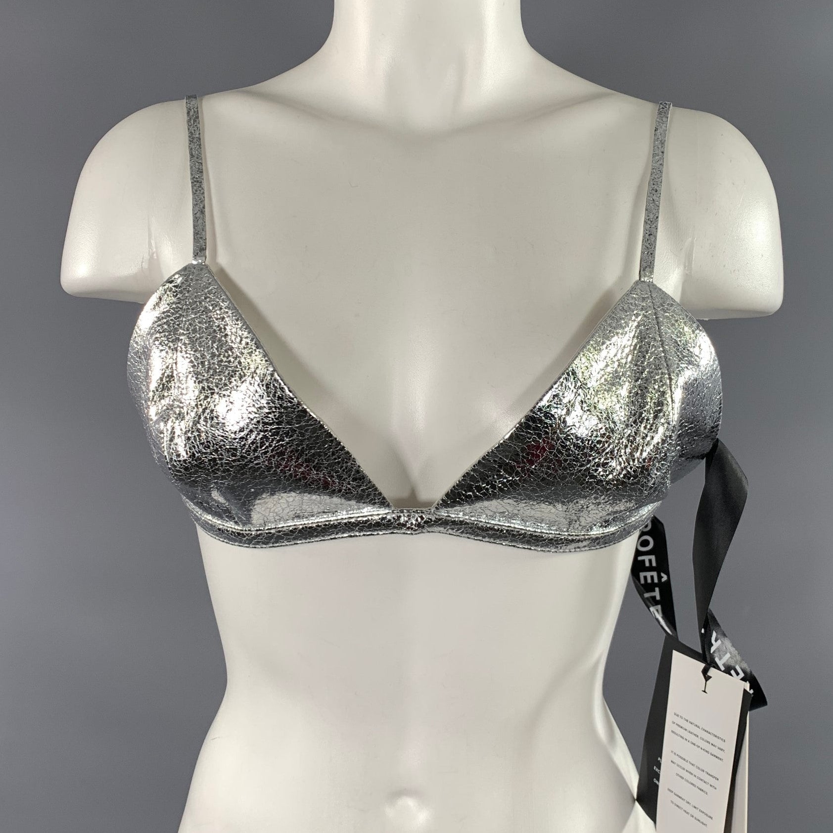 RETROFETE Size M Silver Leather Metallic Bralette Casual Top – Sui