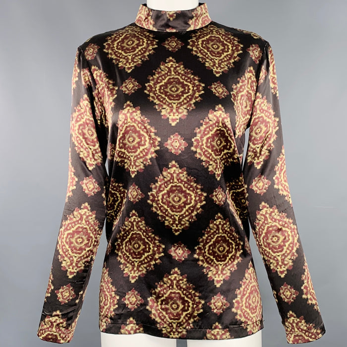 DRIES VAN NOTEN Size 4 Black Yellow Brown Silk Abstract Long Sleeve Dress Top