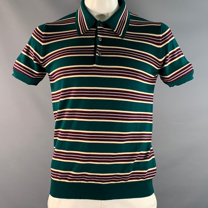 PRADA Size L Green Burgundy White Stripe Virgin Wool Silk Polo