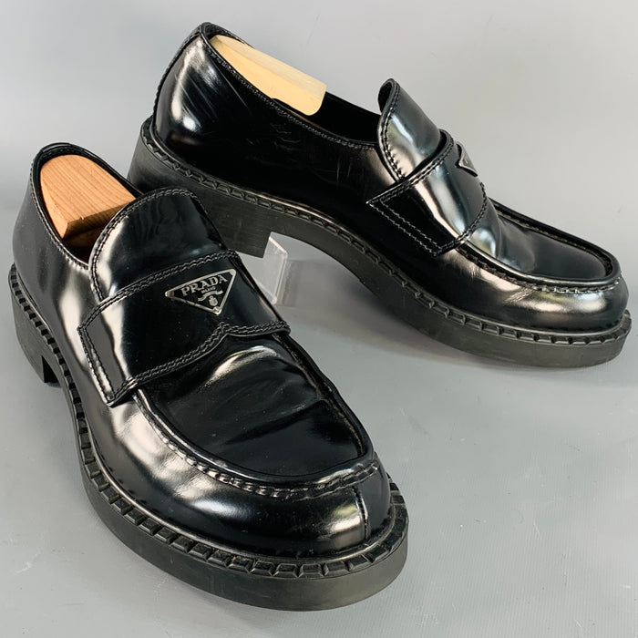 PRADA Size 12 Black Silver Logo Leather Split Toe Slip On Loafers
