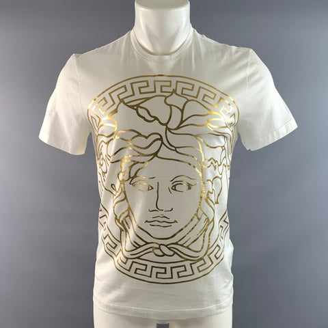 VERSACE Size XS White Gold Medusa Cotton T Shirt Short Sleeve Shirt