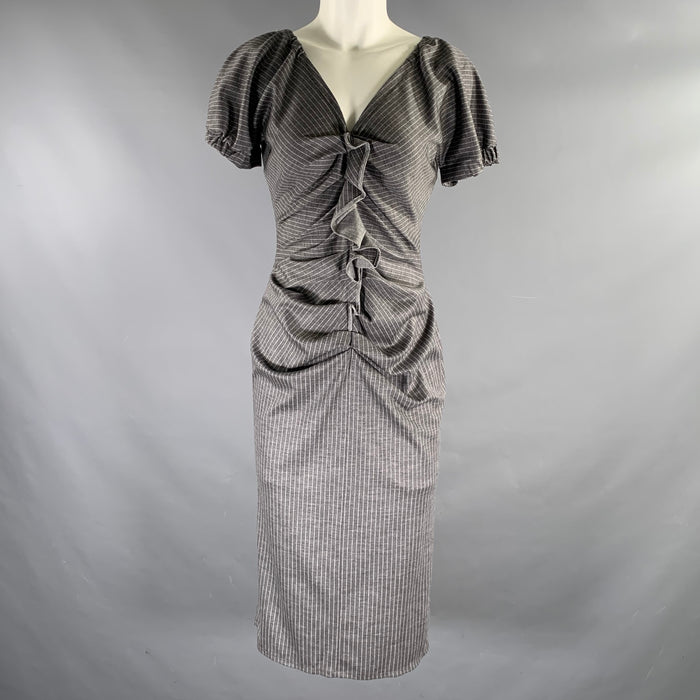 GIORGIO ARMANI Size 6 Grey White Wool Pinstripe Short Sleeve Mid-Calf Dress