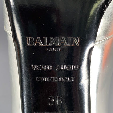 BALMAIN Size 6 Silver Patent Leather Peep Toe Heels Pumps