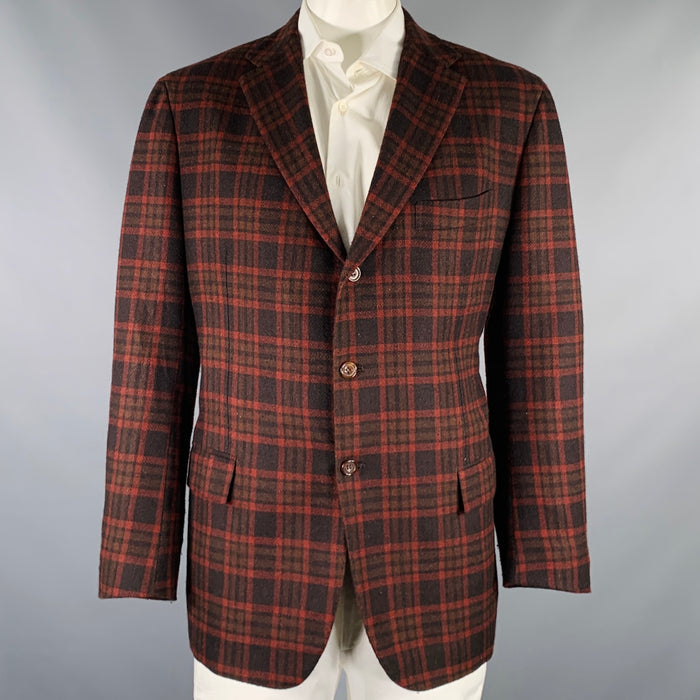 KITON Size 48 Burgundy Black Plaid Cashmere Silk Sport Coat