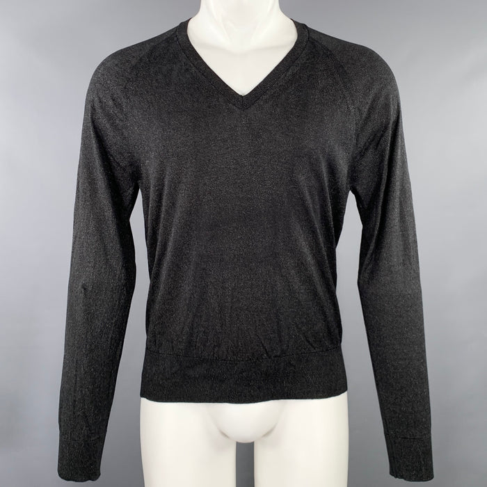 TOM FORD Size M Black Gold Shimmery Silk Blend V-Neck Pullover