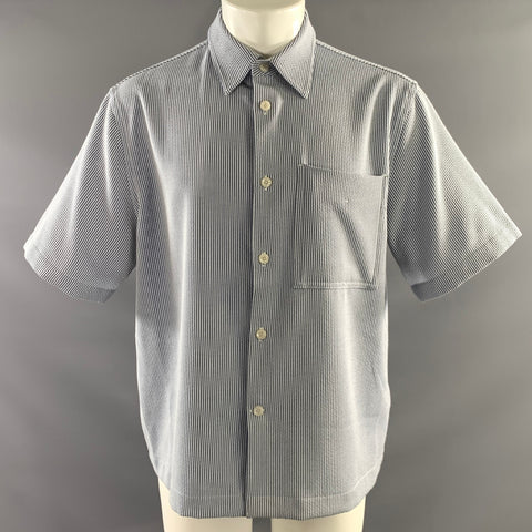 REISS Size L Blue White Stripe Polyester Blend Button Up Short Sleeve Shirt
