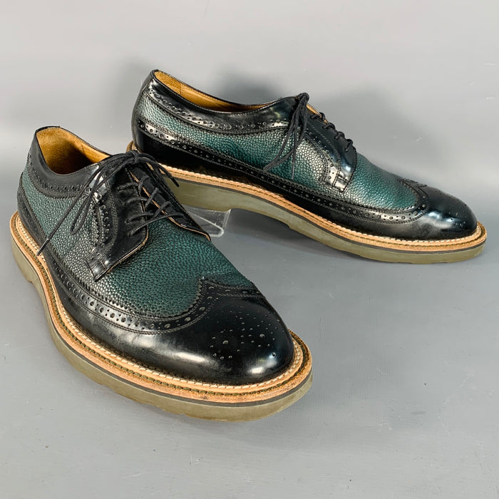 PAUL SMITH Size 10 Black Green Perforated Pebble Grain Leather Wingtip Lace-Up Shoes