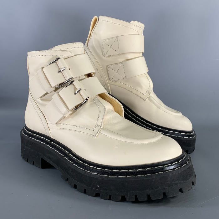 PROENZA SCHOULER Size 9 Cream Black Leather Calf Buckle Boots