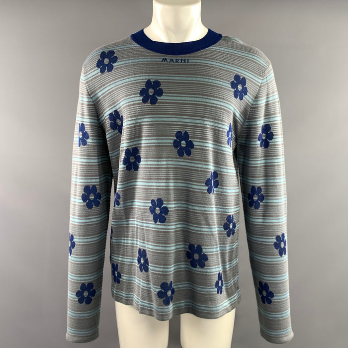 MARNI Size M Grey Blue Floral Cotton Crew Neck Pullover