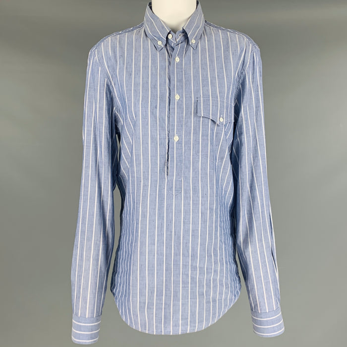BRUNELLO CUCINELLI Talla S Camisa de manga larga con tapeta larga a rayas blancas y azules
