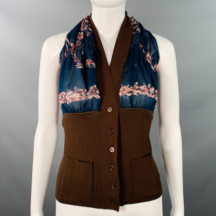 HERMES Size S/M Brown Cobalt Viscose Blend Silk Scarf Halter Dress Top