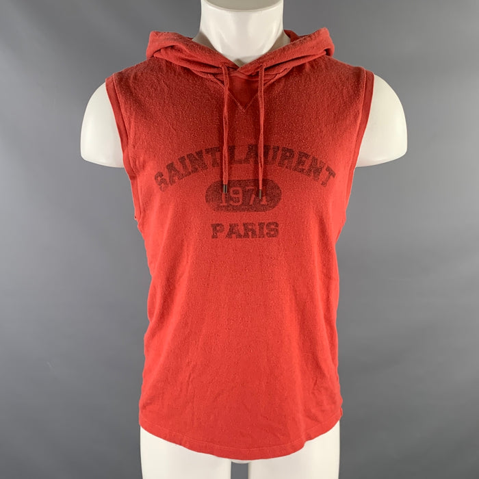 SAINT LAURENT Size S Red Logo Cotton Sleeveless Sweatshirt