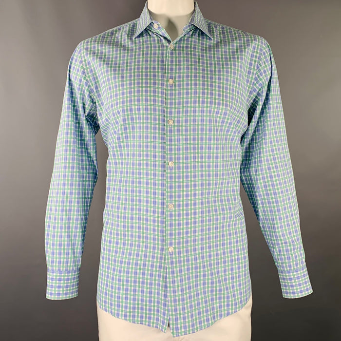 HUGO BOSS Size L Blue White Green Checkered Long Sleeve Shirt