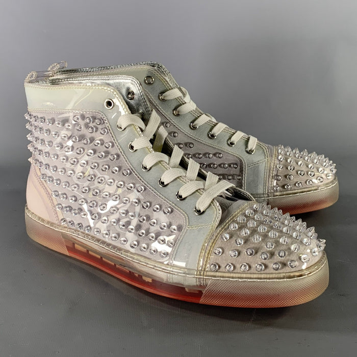 CHRISTIAN LOUBOUTIN Size 12.5 Silver Grey Studded High Top Sneakers