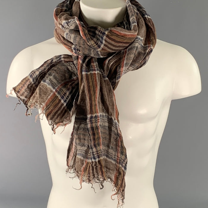 BRUNELLO CUCINELLI Size One Size Brown Orange Plaid Linen Scarves