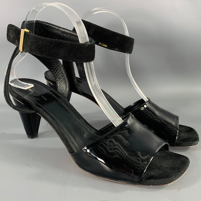 CELINE Size 10 Black Suede Patent Leather Ankle Strap Sandals