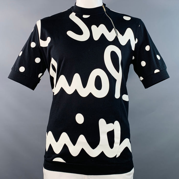 PAUL SMITH Size XL Black White Logo Cotton Zipper Short Sleeve Pullover