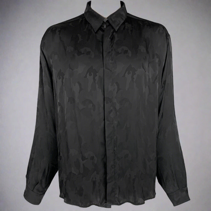 GIANNI VERSACE Size XL Black Camo Silk Hidden Placket Long Sleeve Shirt