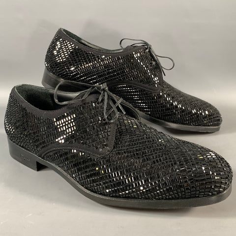 SALVATORE FERRAGAMO Size 10.5 Black Sequined Leather Lace Up Shoes
