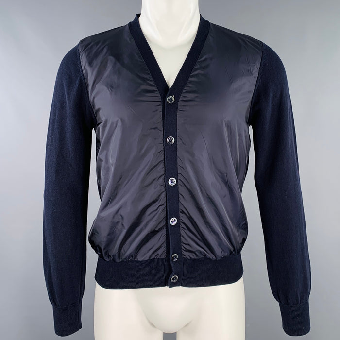 MONCLER Size M Navy Mixed Fabrics Cotton V-Neck Cardigan